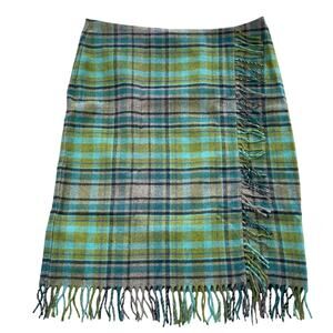 J Jill Skirt Womens 14P Green Tartan Plaid Fringe Wool Flannel Faux Wrap Pencil